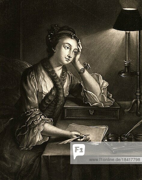 Woman sitting at a table and writing a letter  c. 1800  Germany  Historic  digitally restored reproduction of an original from the period  Europe