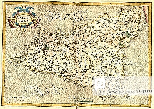 Atlas  Landkarte aus dem Jahre 1623  Sizilien  Italien  digital restaurierte Reproduktion von einem Kupferstich von Gerhard Mercator  geboren als Gheert Cremer  5. März 1512  2. Dezember 1594  Geograph und Kartograf  Europa