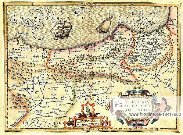 Atlas  Landkarte aus dem Jahre 1623  Legionis Biscaiae et Guipiscoae  Norden von Spanien  digital restaurierte Reproduktion von einem Kupferstich von Gerhard Mercator  geboren als Gheert Cremer  5. März 1512  2. Dezember 1594  Geograph und Kartograf
