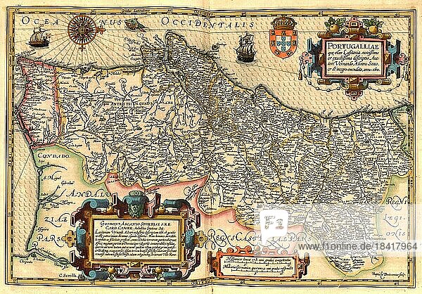 Atlas  Landkarte aus dem Jahre 1623  Portugal  digital restaurierte Reproduktion von einem Kupferstich von Gerhard Mercator  geboren als Gheert Cremer  5. März 1512  2. Dezember 1594  Geograph und Kartograf  Europa