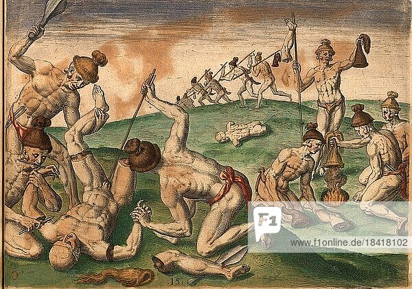 Scene from the aftermath of the war. Native Americans scalp fallen enemies  dry the scalps over a fire and mutilate the corpses. Includes war clubs  arrows and knives  Historic  digitally restored reproduction of an original from the period