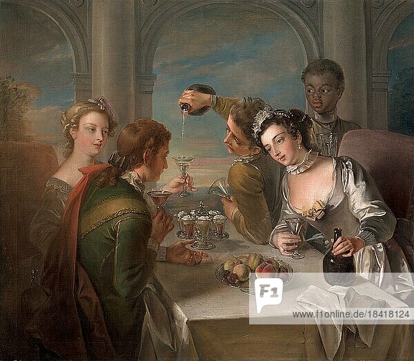 The Sense of Taste  Der Geschmackssinn  Gruppe von vier Personen probieren verschiedene Lebensmittel  Gemälde von Philippe Mercier (1689-1760)  Historisch  digital restaurierte Reproduktion einer historischen Vorlage