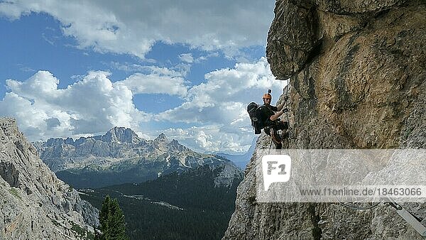 Passage via ferrata with a large exposure and an amazing view of the mountain range. Dolomites  Italy  Dolomites  Italy  Europe