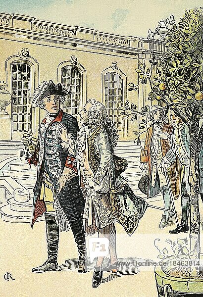 Frederick II the Great in Conversation with Voltaire  History of the Hohenzollerns  Prussia  historical illustration 1899