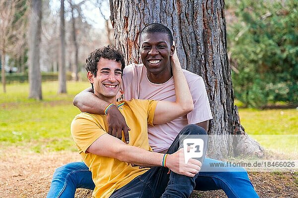 Couple of multi-ethnic men in a park  lgbt concept  sitting together a tree in a romantic pose