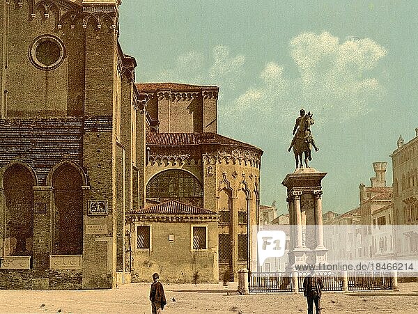 Church of Santi Giovanni e Paolo and Statue of Bartolomeo Colleoni  1890  Venice  Italy  Historic  digitally restored reproduction from an 18th or 19th century original  Europe