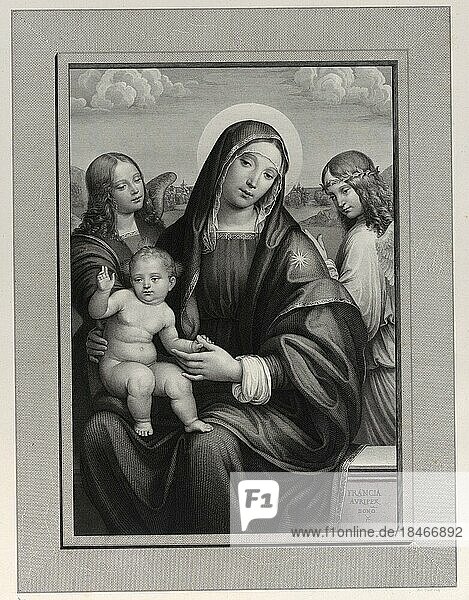 Madonna und Kind mit Engeln  Historisch  digital restaurierte Reproduktion einer Vorlage aus der damaligen Zeit