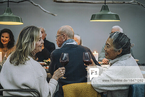 Ältere Frauen mit Weingläsern  die sich bei einer Dinnerparty unterhalten