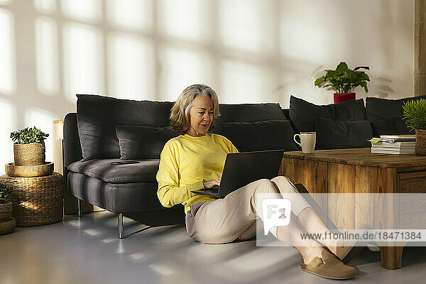 Lächelnder Freiberufler mit Laptop  der zu Hause auf dem Sofa sitzt