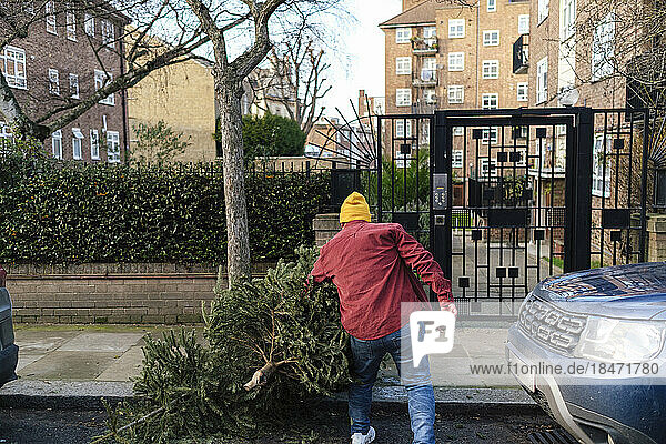 Man with Christmas tree standing on street