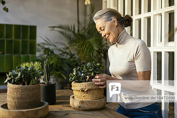Lächelnde Frau kümmert sich um Topfpflanzen