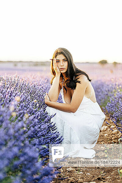 Woman crouching by lavender plants in field at sunset