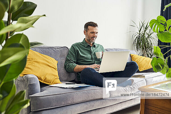 Relaxed man using laptop on the sofa while working from home
