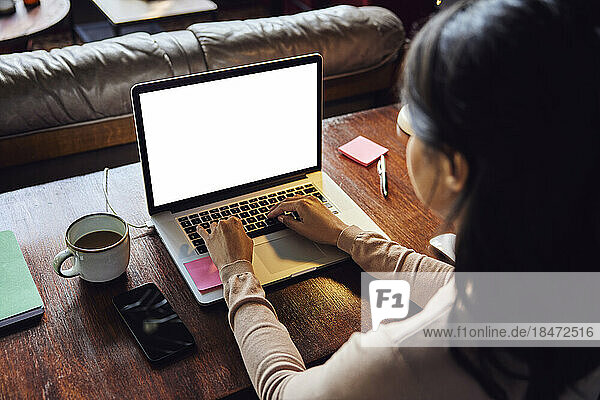 Businesswoman working on laptop at desk in loft office