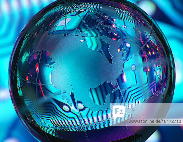 Reflection of mother board on globe