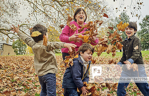 Grandmother playing with grandsons throwing autumn leaves at park
