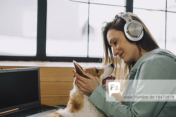 Smiling woman wearing wireless headphones stroking dog at home