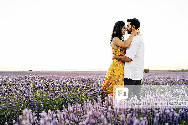 Smiling young woman embracing man standing in lavender field
