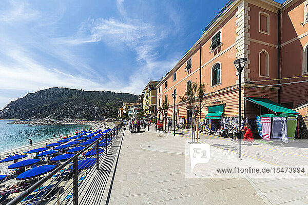 Italy  Liguria  Monterosso al Mare  Promenade of coastal town along Cinque Terre