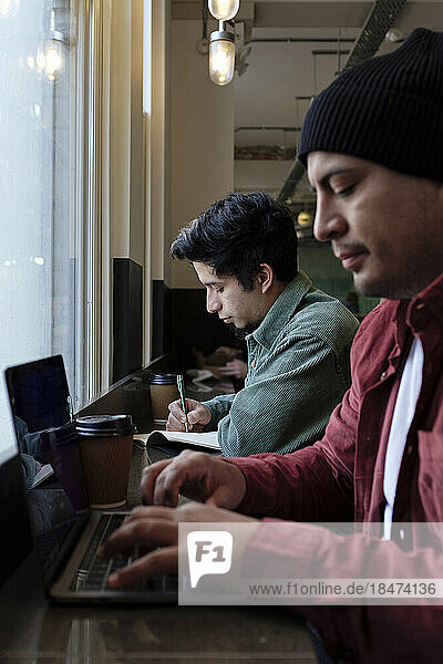 Freelancer working on laptop with brother in cafe