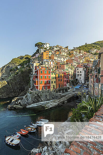 Italy  Liguria  Riomaggiore  Edge of coastal town along Cinque Terre