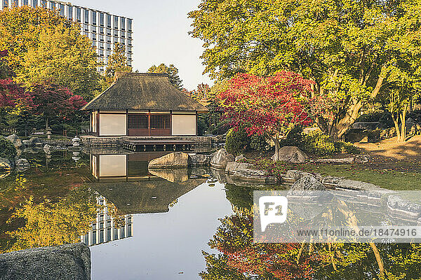 Germany  Hamburg  Pond and Japanese teahouse in Planten un Blomen park