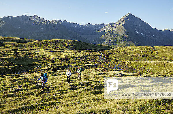 Austria  Tyrol  Hikers traveling across green alpine landscape in summer