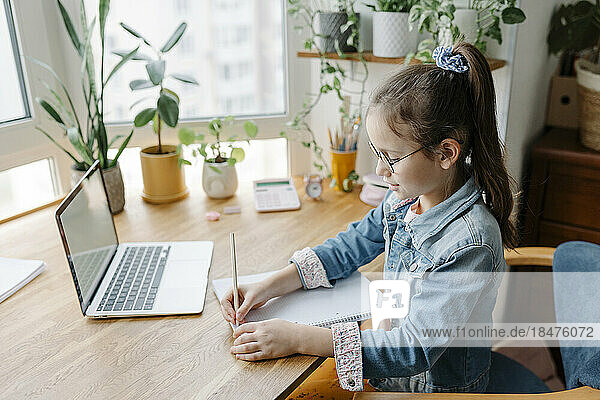Girl wearing eyeglasses doing homework sitting at table