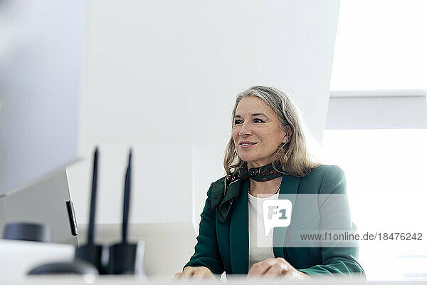 Smiling elderly businesswoman working at office