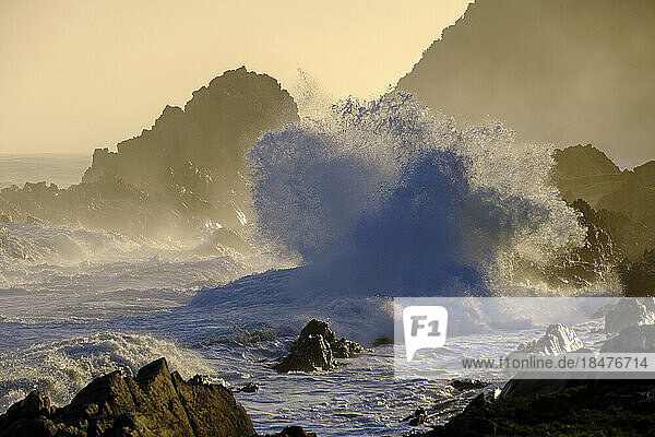 South Africa  Eastern Cape  Storms River splashing against rugged coast