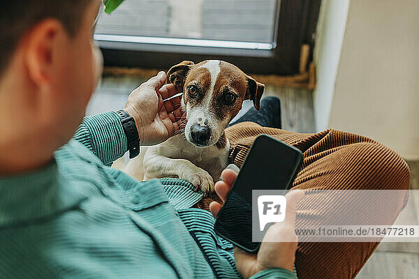 Mann hält Smartphone in der Hand und streichelt Hund zu Hause