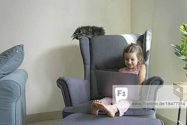 Girl watching laptop sitting in armchair at home