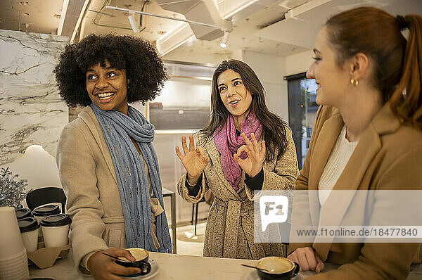 Happy woman showing OK gesture with friends standing at table