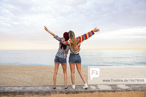 Friends with arms around standing on wall at beach