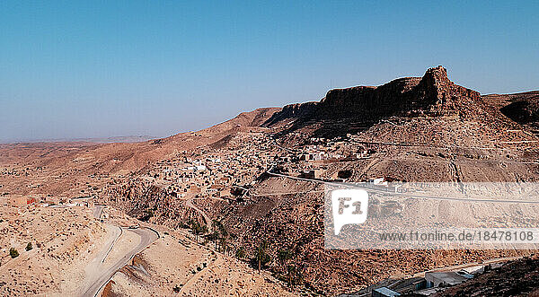 Tunisia  Tataouine  Chenini  Panoramic view of desert village