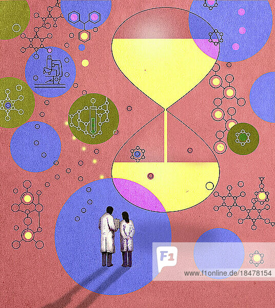 Illustration of two scientists talking under floating circles and molecules