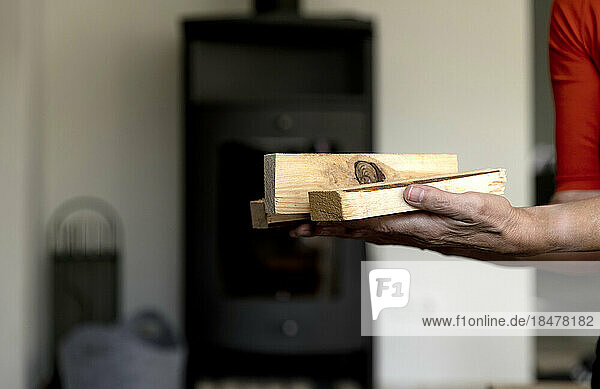 Hands of woman holding firewood at home