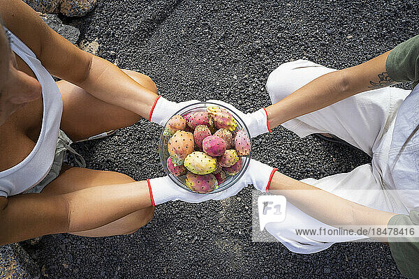 Friends holding bowl of prickly pears crouching on gravel