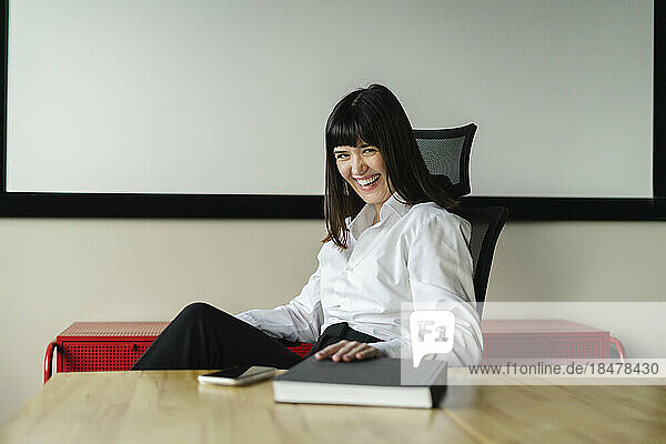 Portrait of happy brunette businesswoman sitting at desk in office