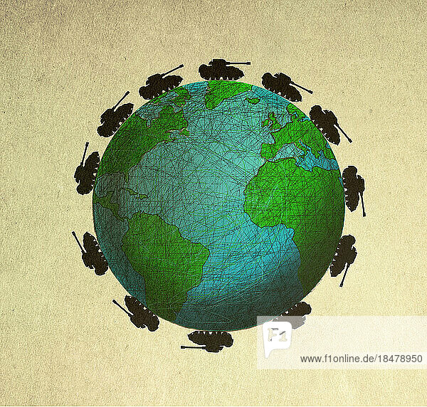 Illustration von Panzern  die den Planeten Erde umkreisen