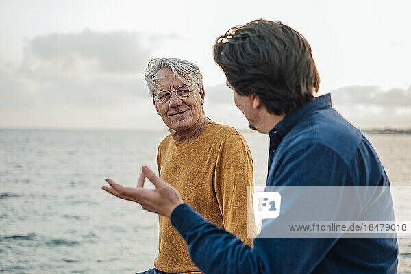 Smiling senior man with son having discussion in front of sea