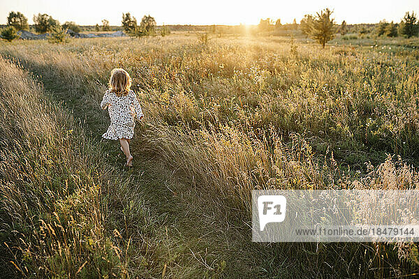 Carefree girl running in field on summer evening