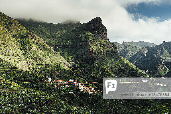 Spain  Canary Islands  Masca  Aerial view of village in Macizo de Teno range