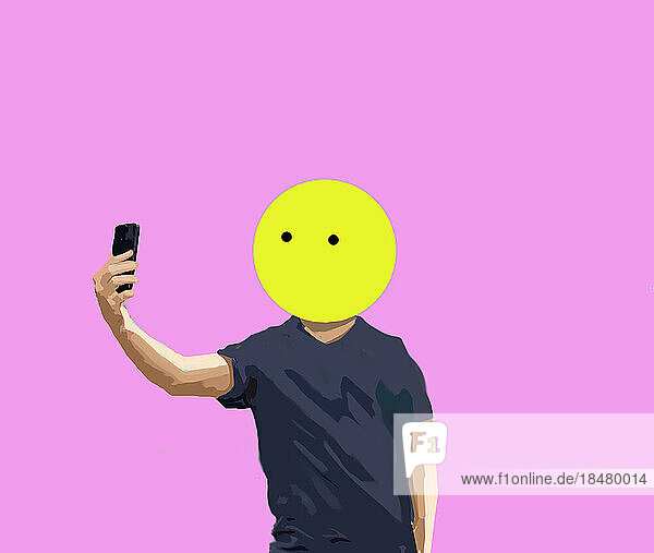 Illustration eines Mannes mit Maske  der ein Selfie macht