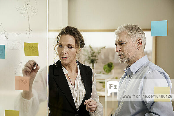 Businesswoman discussing over adhesive note with colleague