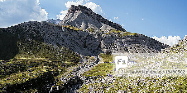 Rifugio Puez on sunny day at Dolomites  Italy