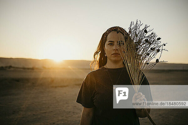 Junge Frau mit getrockneten Pflanzen vor klarem Himmel bei Sonnenuntergang