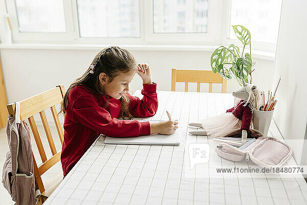 Girl sitting at table doing home work