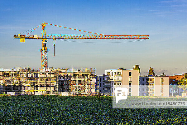 Germany  Baden-Wurttemberg  Fellbach  Meadow in front of apartment buildings under construction