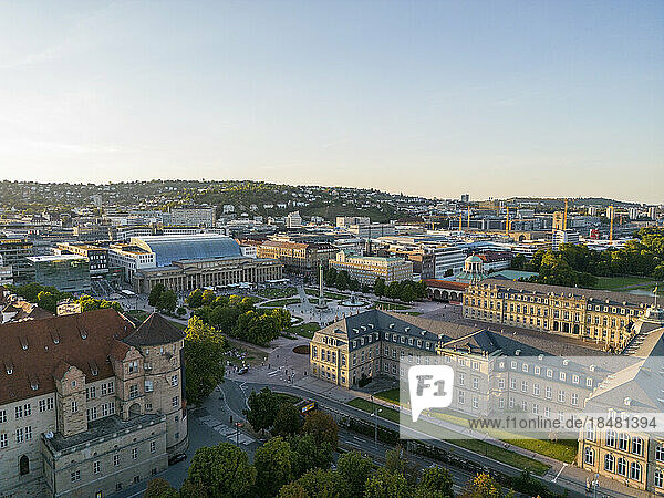 Drone view of New Palace and old castle with modern art museum  Stuttgart  Germany